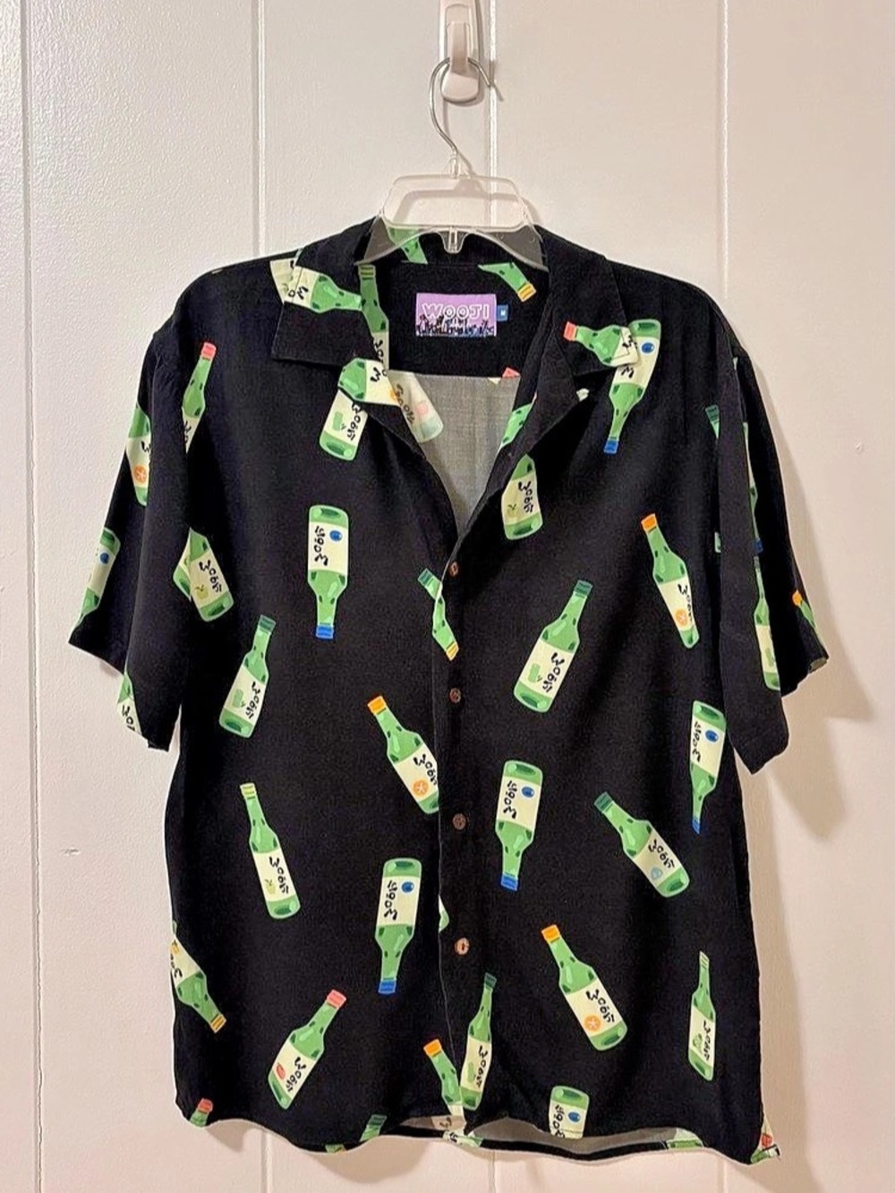 WOOJI Soju Bottle Print Button Down Shirt Black Medium